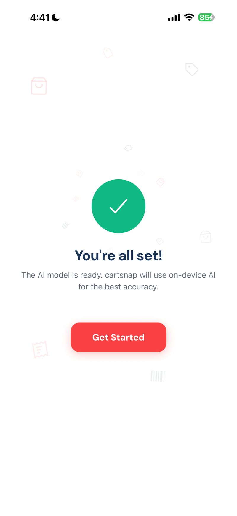 CartSnap on-device AI model ready screen