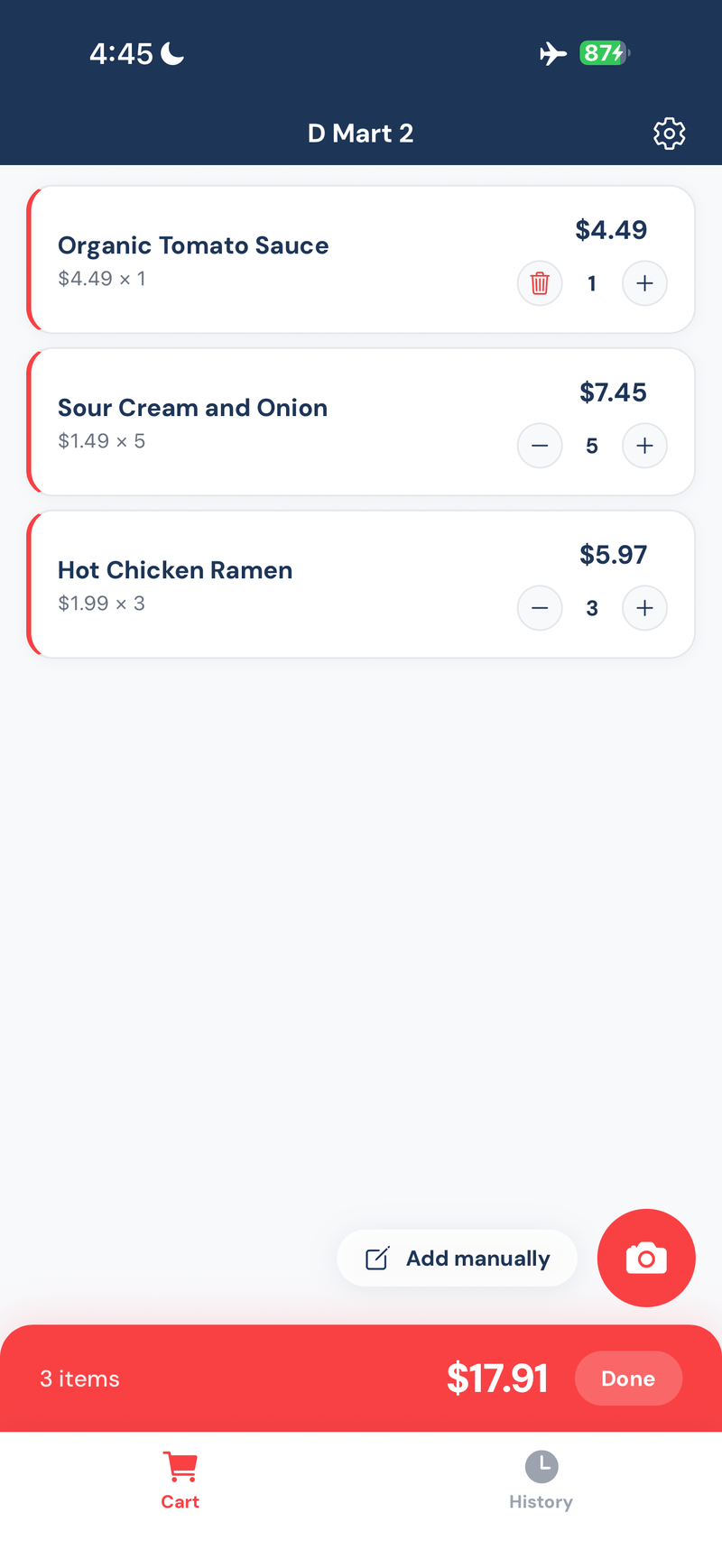 CartSnap cart screen with a live running total of $17.91