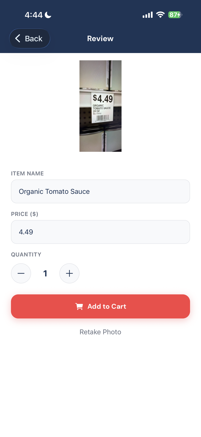 Confirming the scanned item name and price before adding to cart