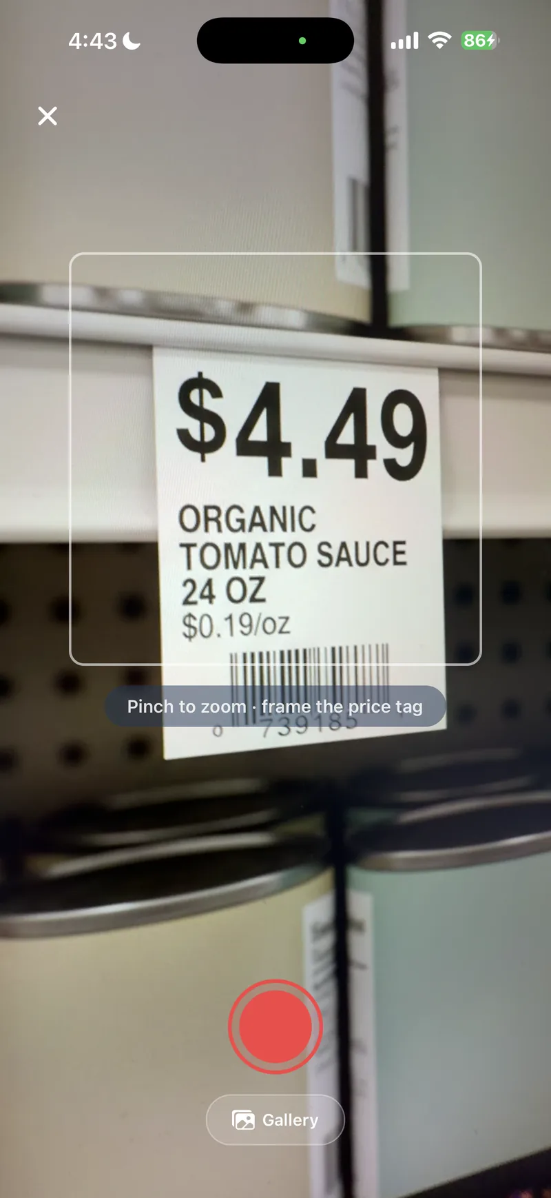 CartSnap scanning a $4.49 shelf price tag with its camera